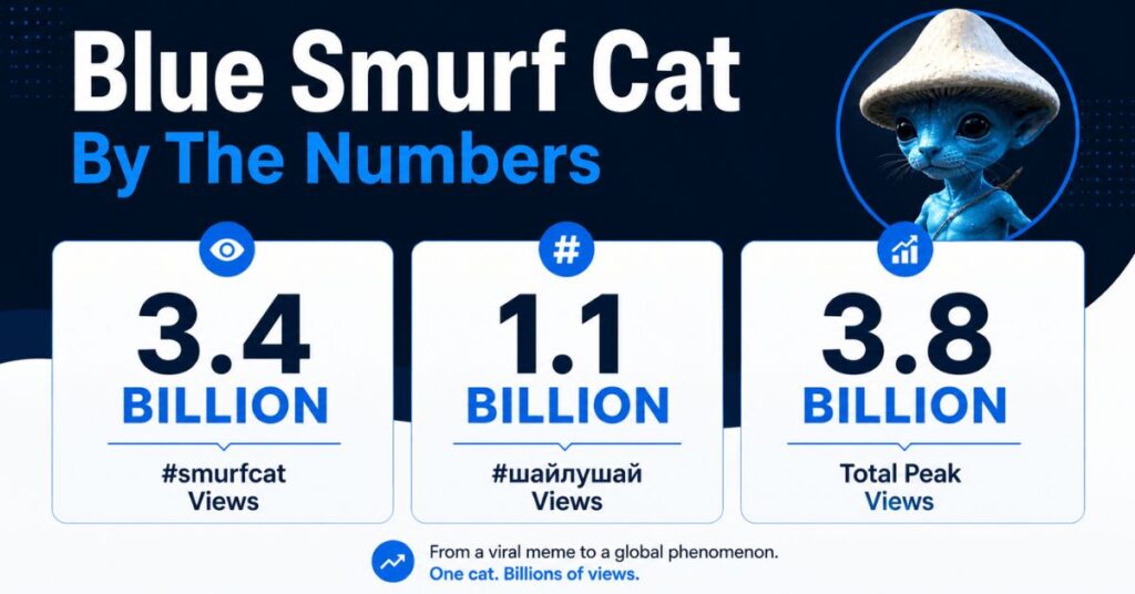 blue smurf cat viral stats showing 3.4 billion TikTok views and 1.1 billion Russian hashtag views