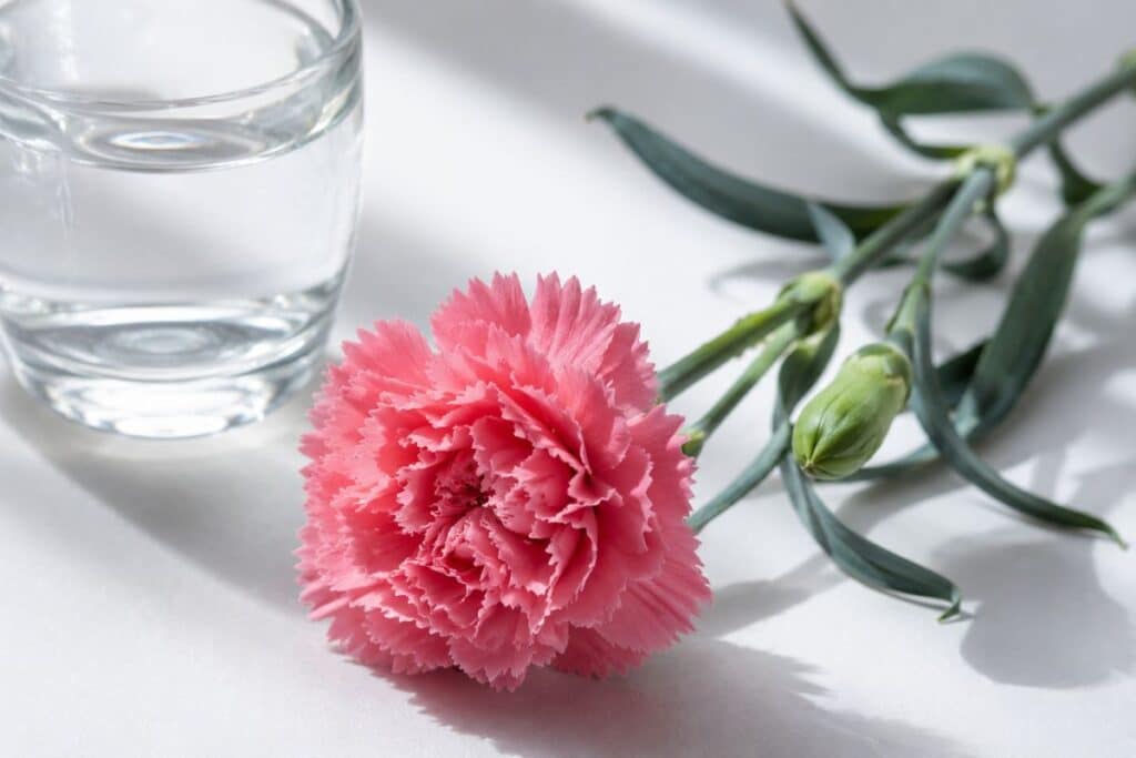 close-up of carnation petals stems and leaves — all parts of carnation plant are toxic to cats