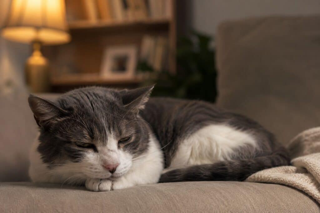 grey and white cat lying down looking lethargic — common symptom of carnation poisoning in cats