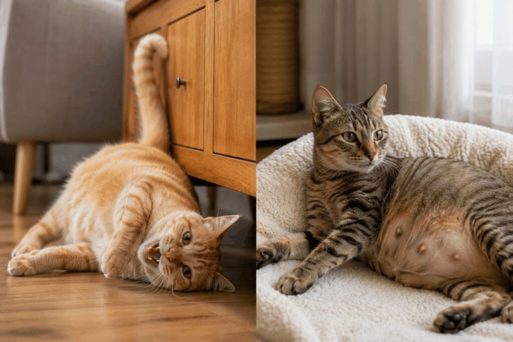 Comparison between a cat in heat and a pregnant cat indoors