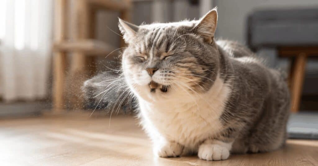 Grey and white cat mid-sneeze on wooden floor showing my cat keeps sneezing symptom