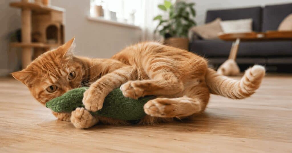 Orange tabby cat gripping a green plush cat kicker toy with front paws and bunny kicking with hind legs on hardwood floor