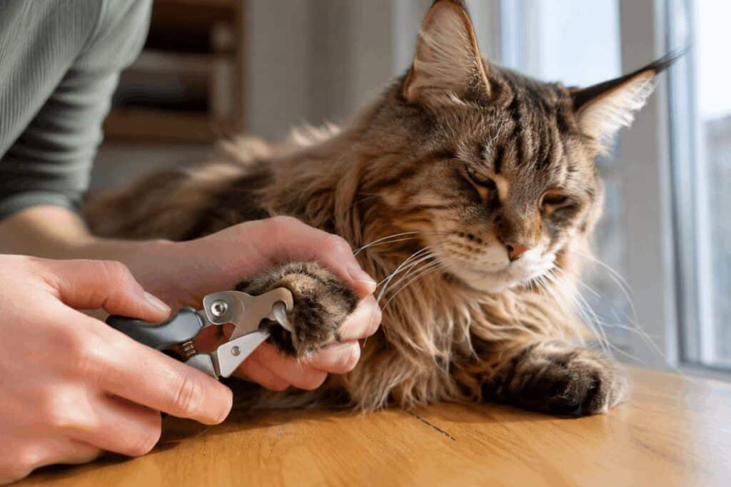 Person trimming Maine Coon cat's claws near window to prevent ingrown nails and paw infection