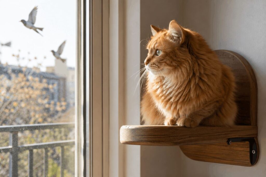 Orange tabby cat sitting on a wall-mounted shelf near a sunny apartment window