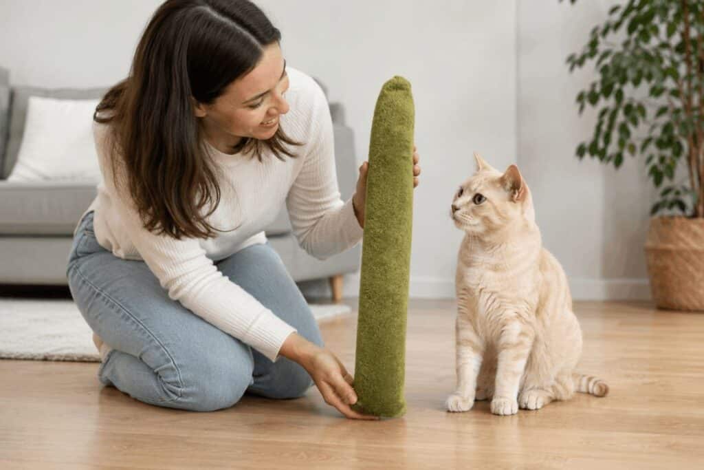 Cat owner measuring a plush kicker toy length beside a cream domestic shorthair cat to find the correct size