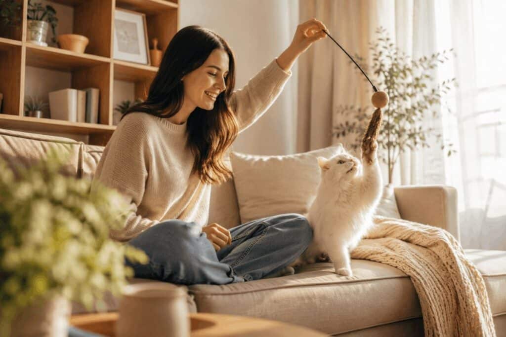 A cat owner playing with her white cat using a catnip wand toy, demonstrating how catnip strengthens the bond between cats and their owners.
