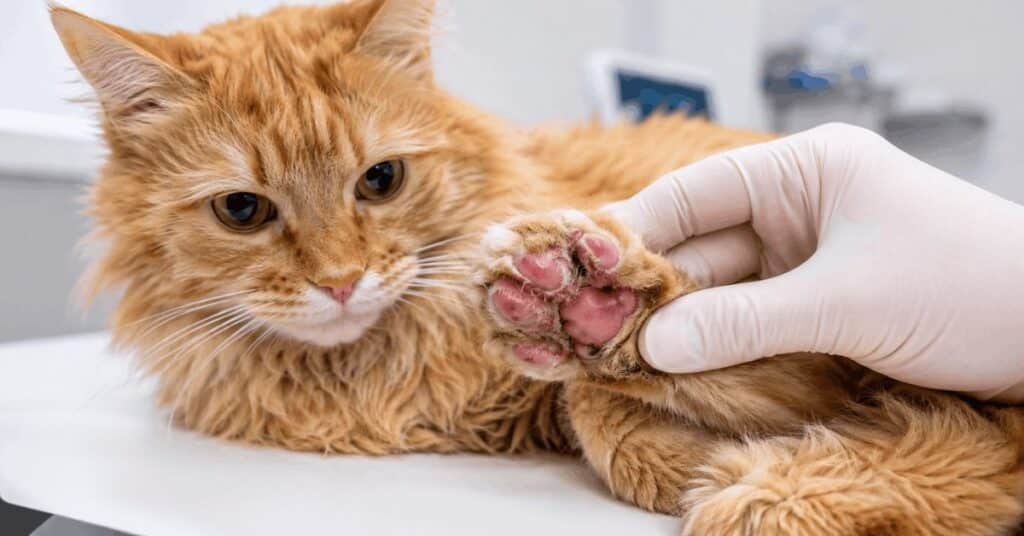 Orange tabby cat with swollen infected paw being examined by veterinarian on clinic table