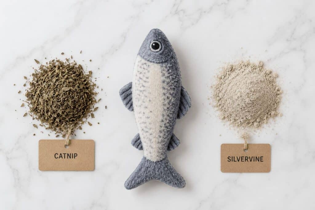 Side by side comparison of catnip leaves and silvervine powder beside a plush fish cat kicker toy showing filling options
