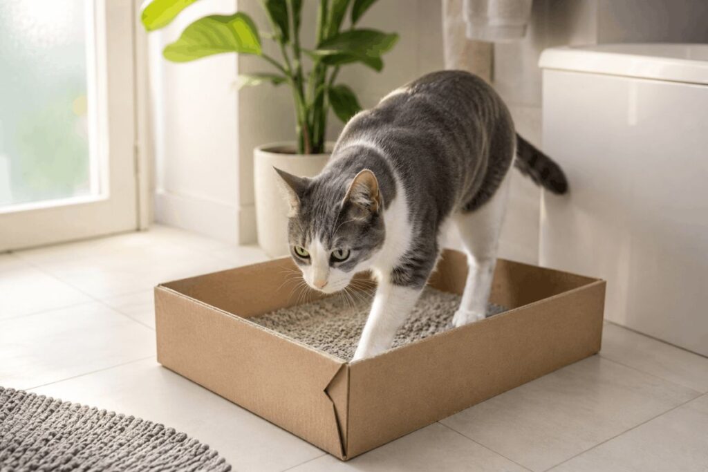 Grey and white cat using a disposable cardboard litter box in a modern apartment bathroom