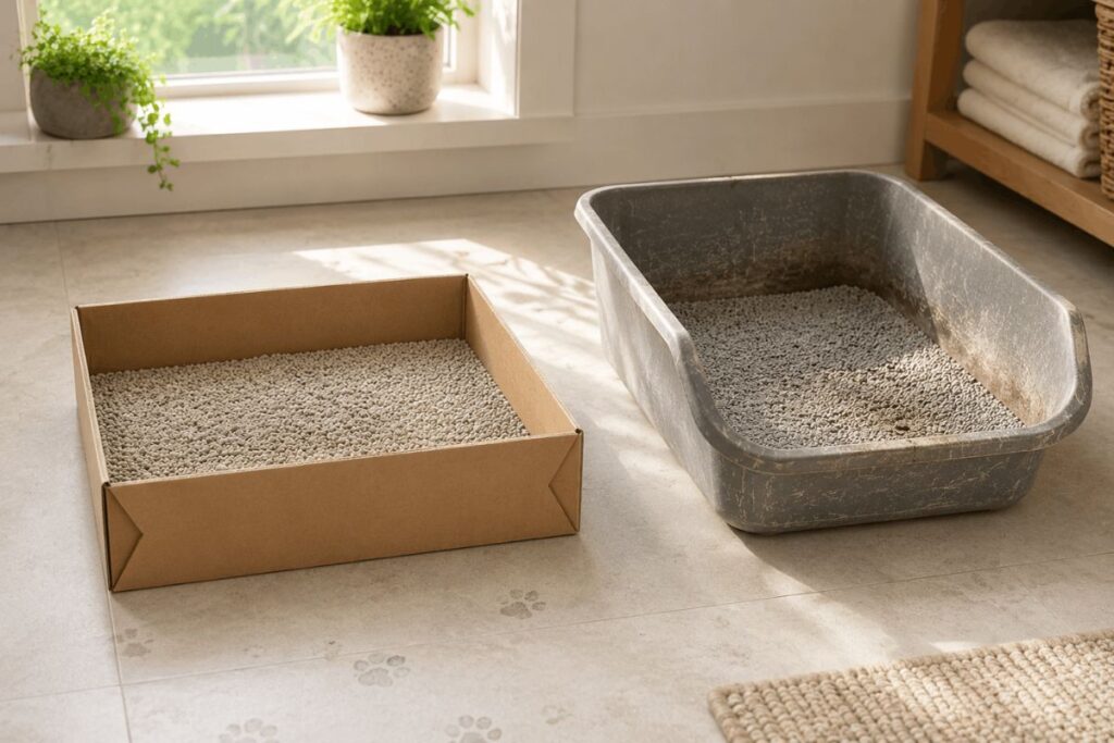 Comparison between disposable cardboard litter box and reusable plastic cat litter box