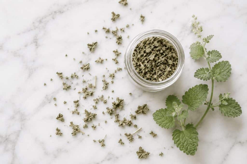 Dried catnip leaves and a fresh catnip sprig in a glass jar, representing the nepetalactone compound that affects a cat's brain.
