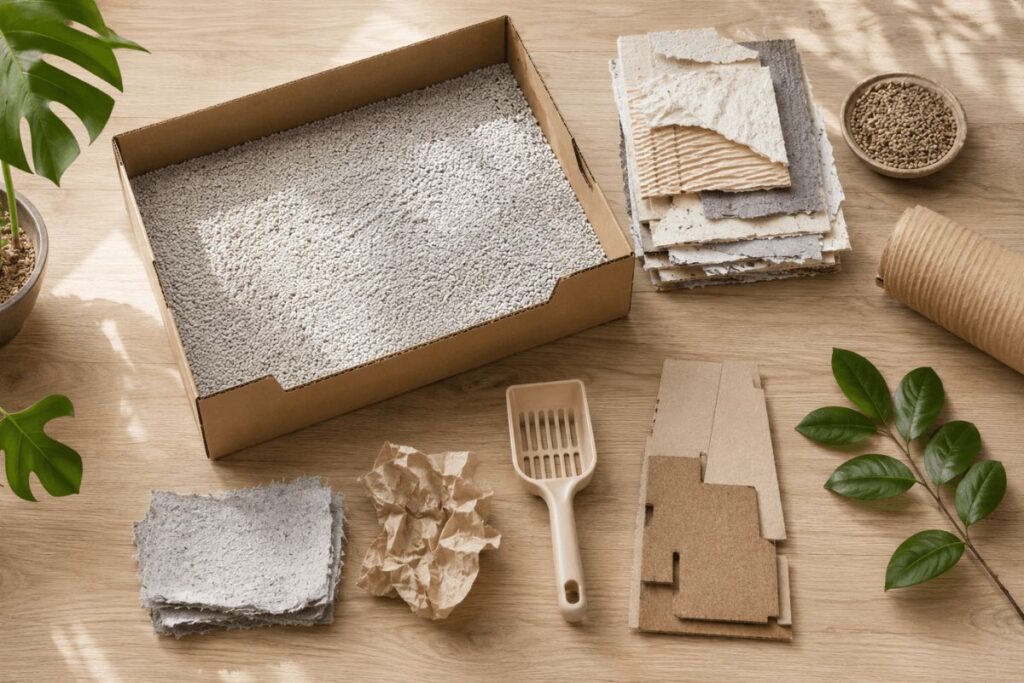 Eco-friendly disposable cardboard cat litter box materials arranged on wooden surface