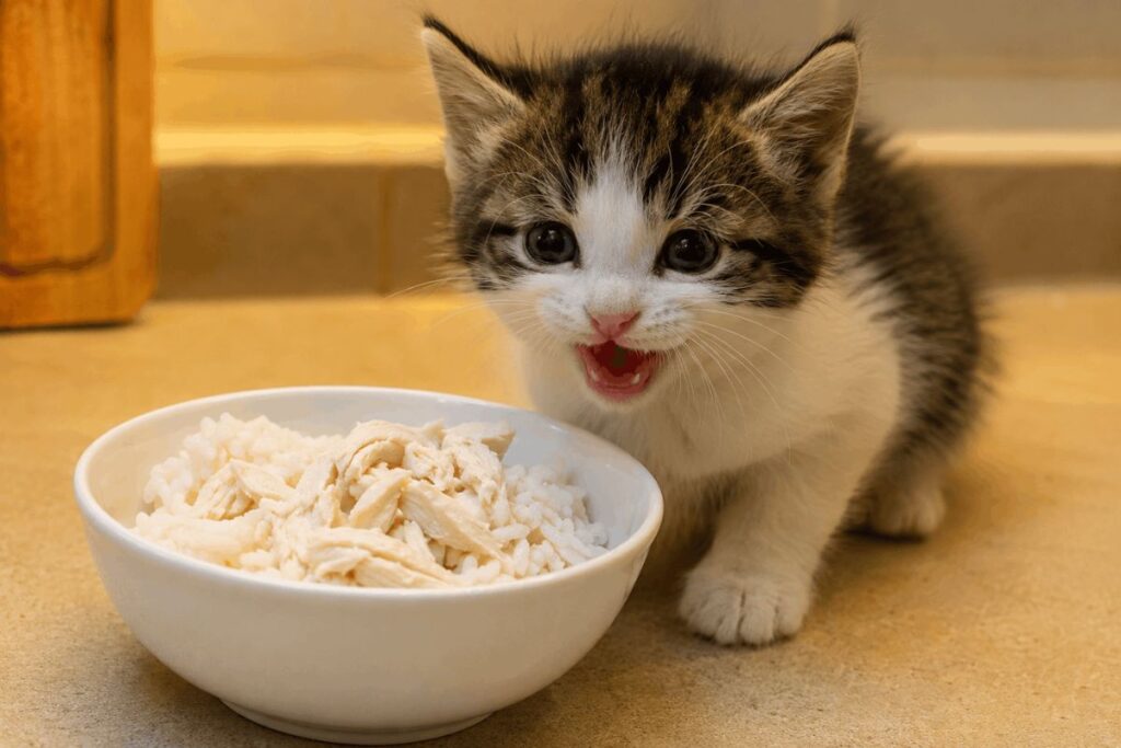 Plain boiled chicken and rice for emergency kitten feeding