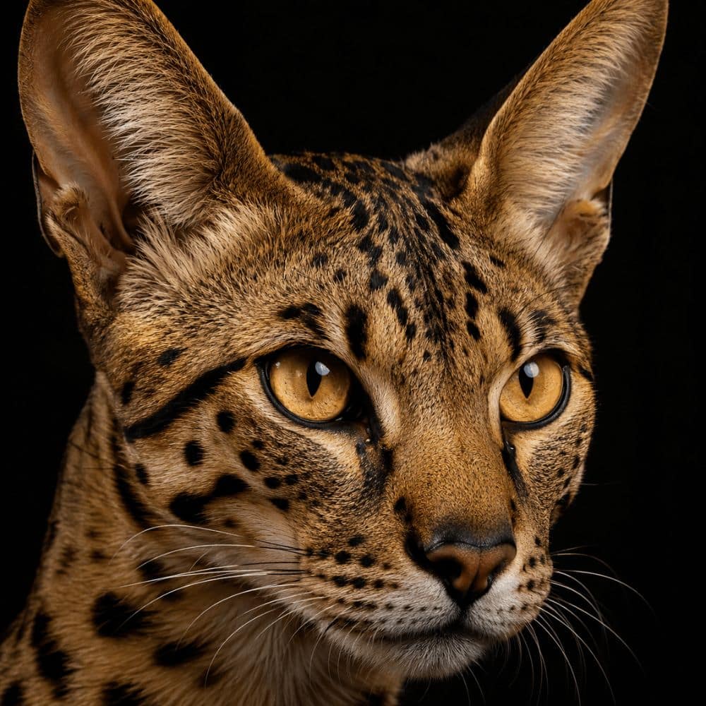 Close-up portrait of an F1 Savannah cat showing bold spots, tear-streak markings, and large ears — most expensive savannah cat generation