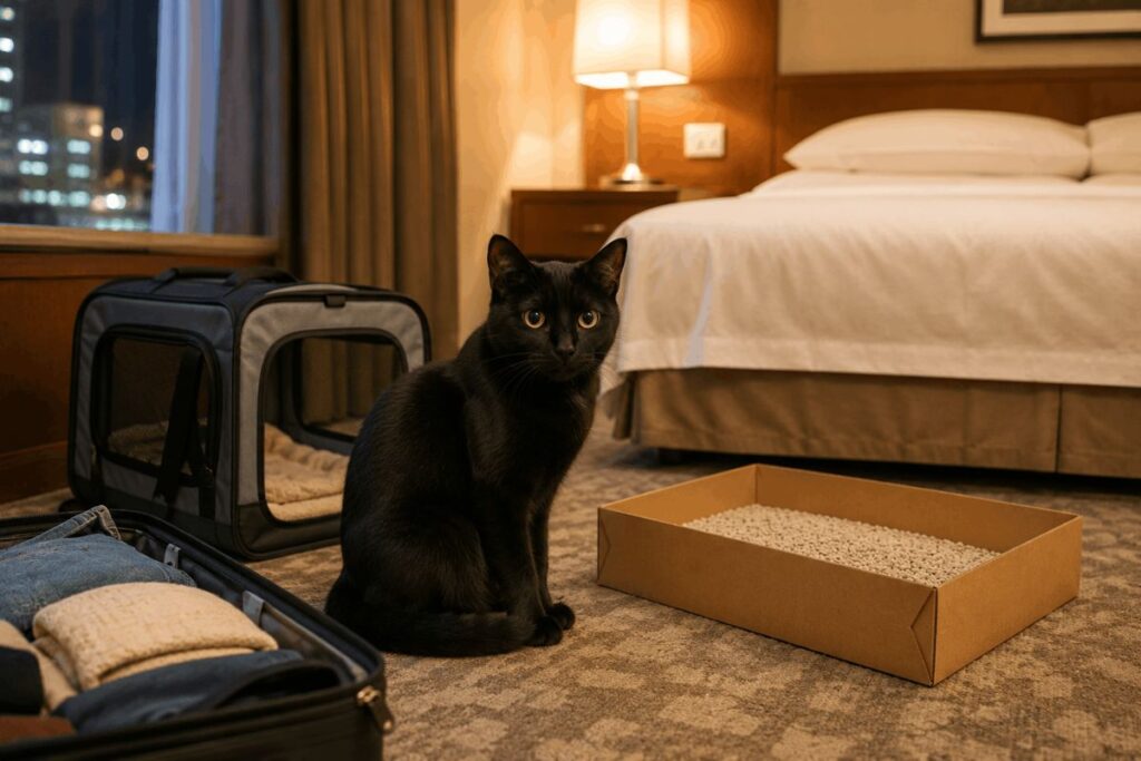 Black cat beside a disposable litter box in a pet-friendly hotel room during travel
