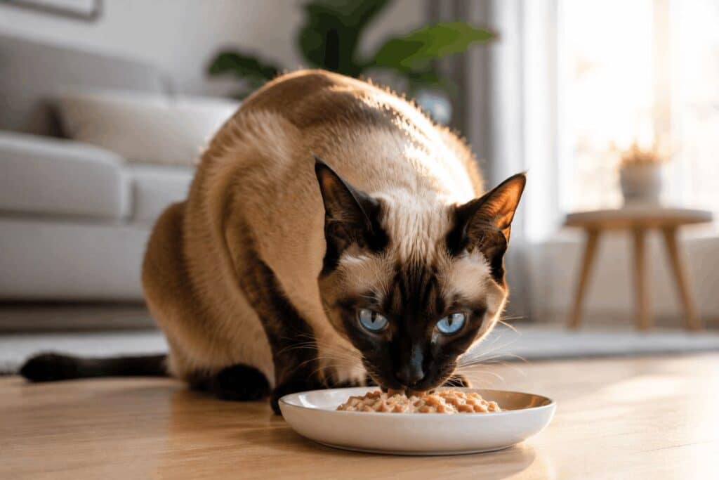 A healthy Siamese cat with a glossy coat eating grain free wet cat food from a white ceramic bowl in a bright Scandinavian living room.