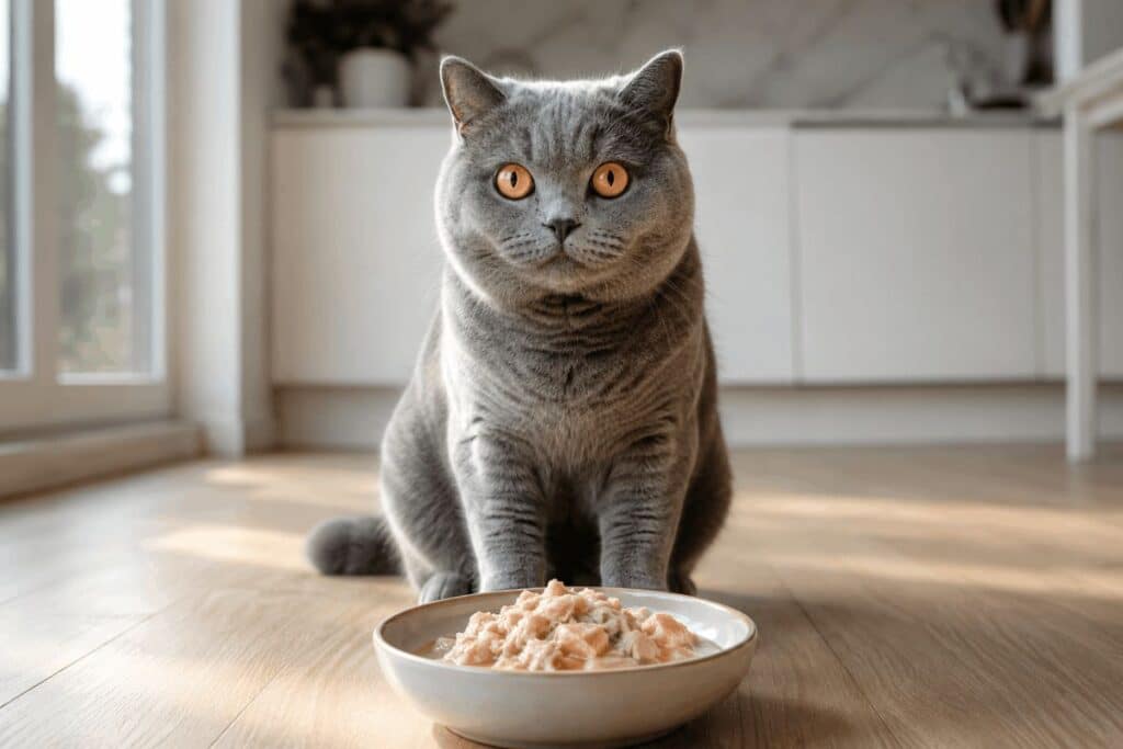 A blue-grey British Shorthair cat sitting in front of a ceramic bowl of grain free cat food in a bright modern kitchen.
