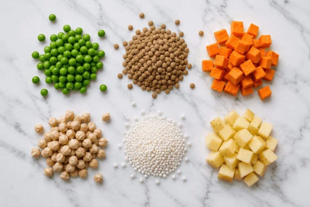 A flat-lay of common grain replacements used in grain free cat food including peas, lentils, sweet potato, chickpeas and tapioca on a white marble surface.