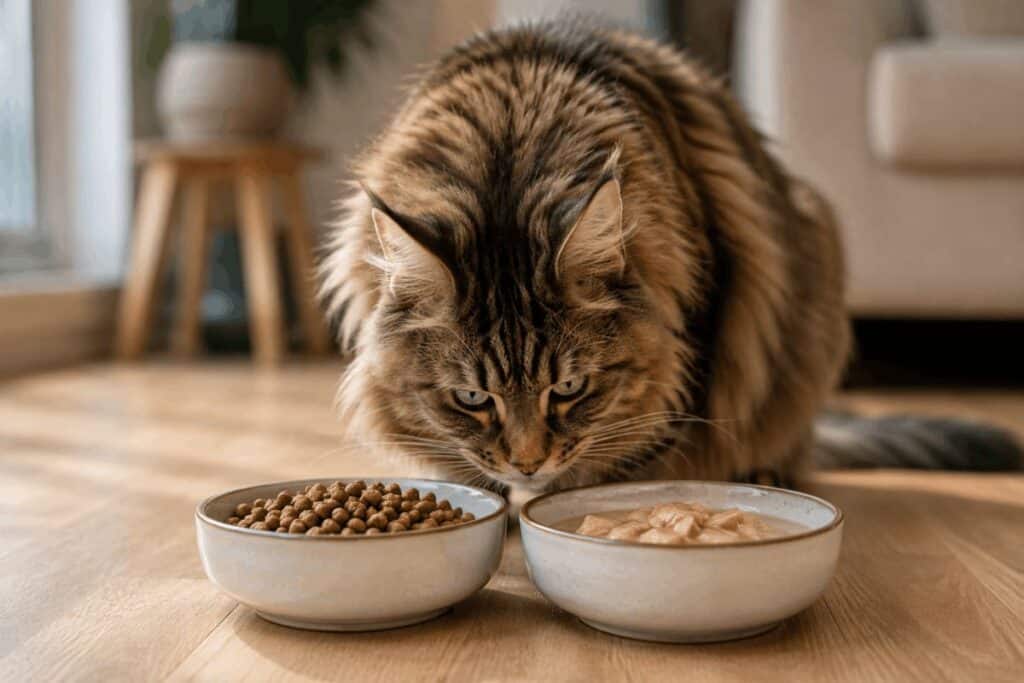 A fluffy Maine Coon cat sniffing two bowls side by side during a gradual transition from regular kibble to grain free cat food on a wooden floor.