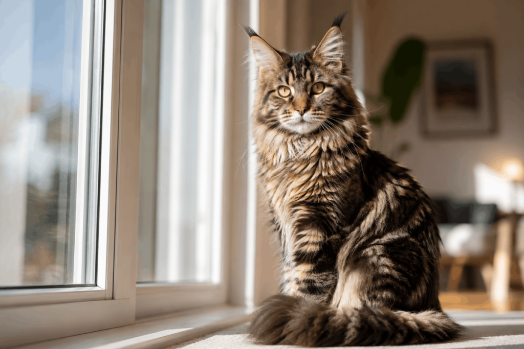 Healthy young Maine Coon cat sitting near a bright window indoors