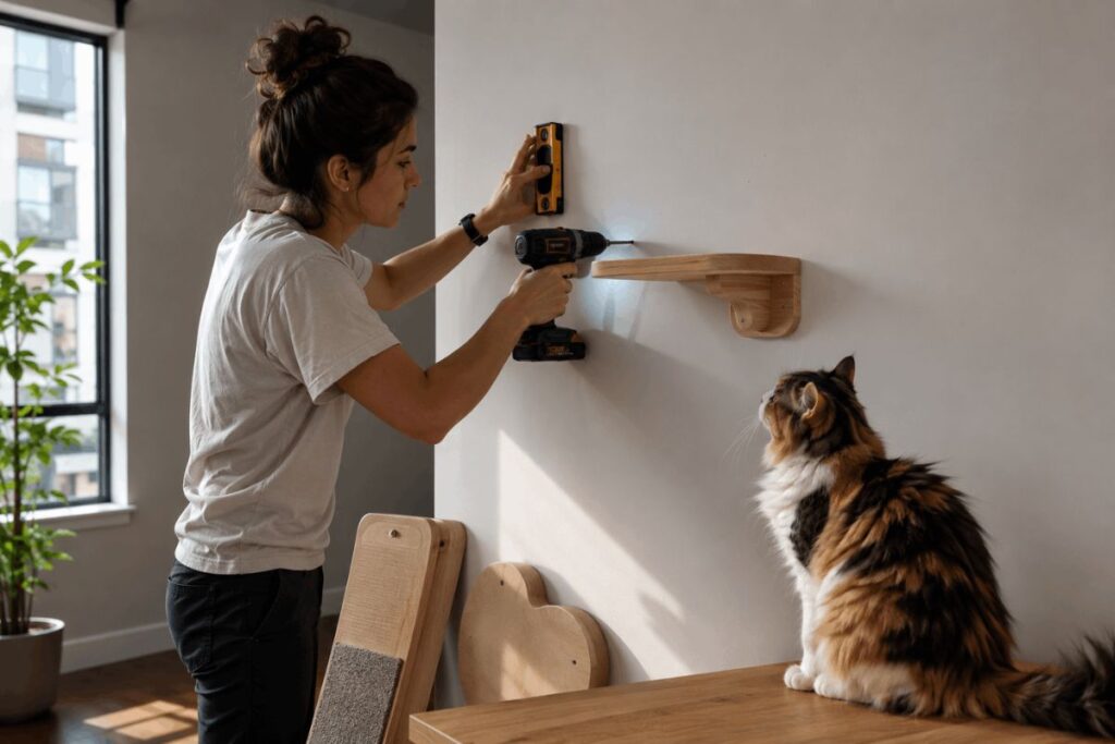Person installing a wall-mounted cat tree while a calico cat watches nearby