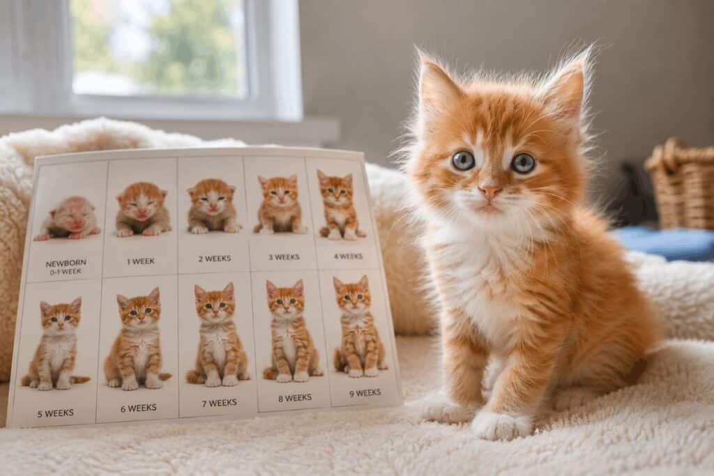 Orange and white kitten sitting beside a kitten age chart in a bright indoor setting