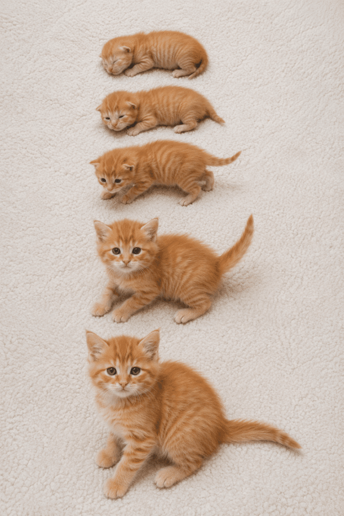 Different kitten growth stages from newborn to 8 weeks displayed side by side
