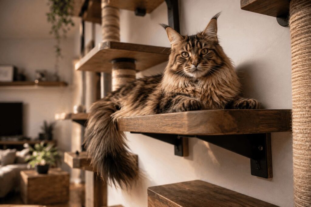 Large Maine Coon cat resting on a sturdy wall-mounted cat shelf for big cats