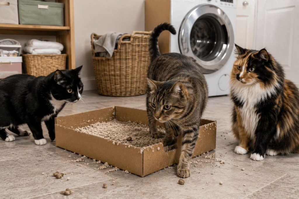 Multiple cats sharing a disposable litter box in a busy household setup