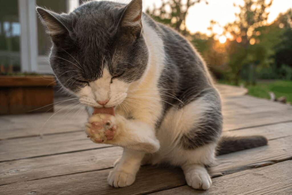 Grey and white outdoor cat licking swollen paw with small bite wound visible near toe