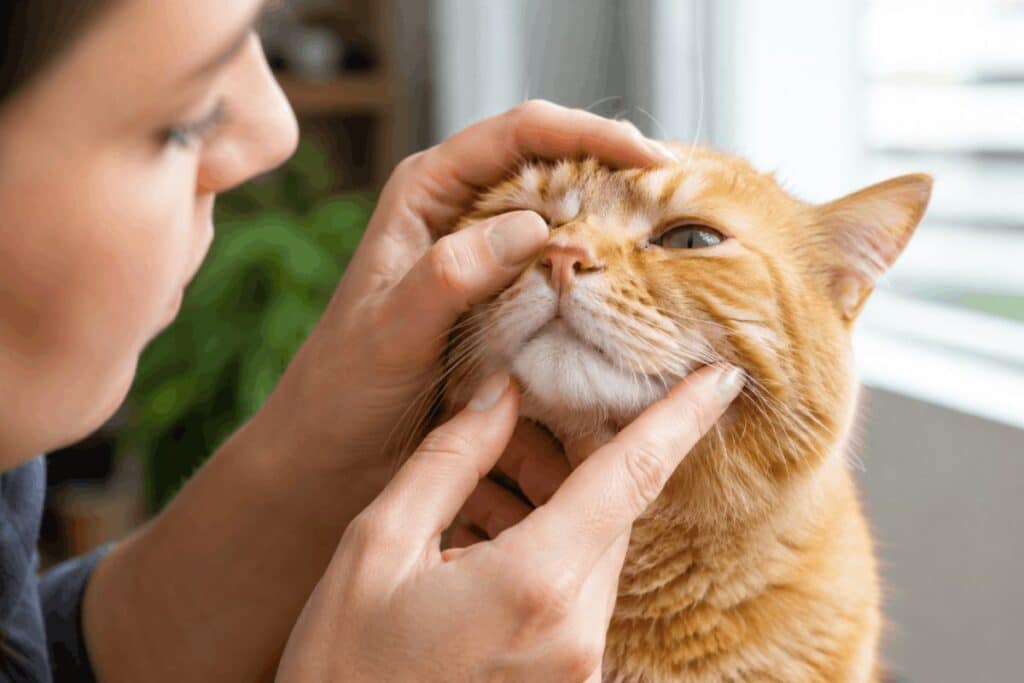 Owner examining orange tabby cat's nose showing yellow nasal discharge indicating bacterial infection