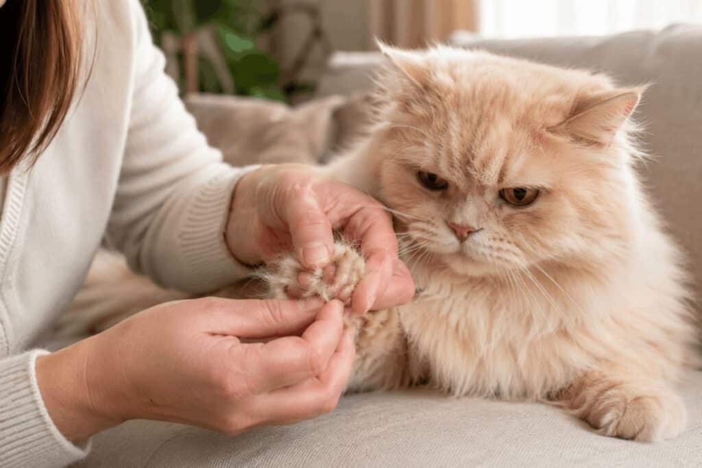 Woman examining cream Persian cat's paw at home checking for redness swelling or infection between toes