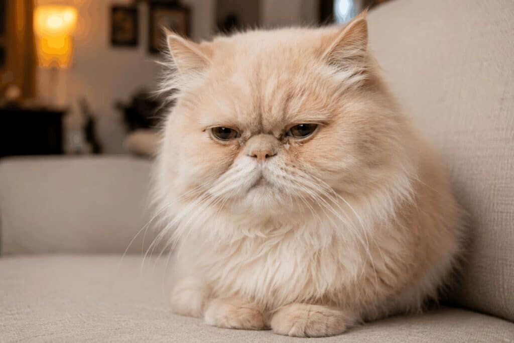 Cream Persian cat with watery eyes and clear nasal discharge showing feline herpesvirus upper respiratory infection symptoms
