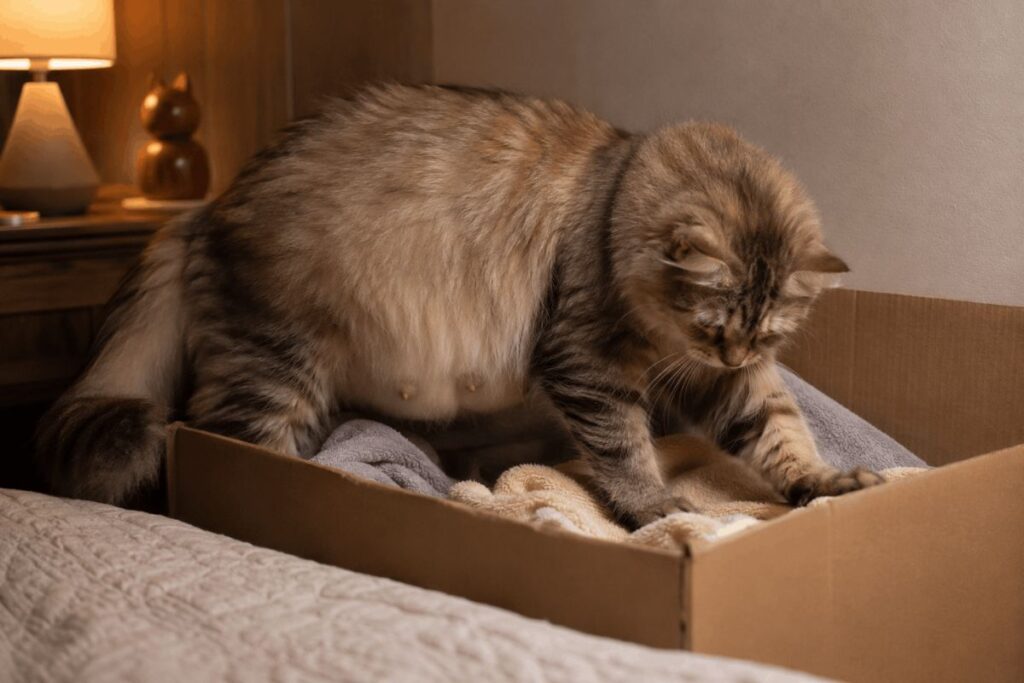 Pregnant cat preparing a nesting area before giving birth