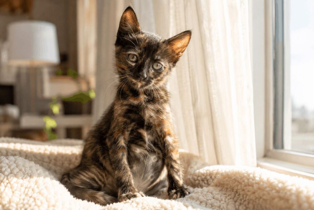 Young pregnant kitten sitting near a sunny window showing early pregnancy signs