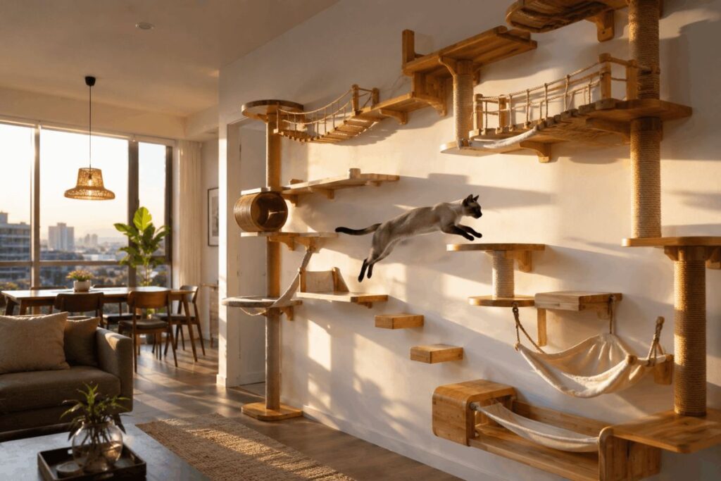 Luxury bamboo wall cat tree system with a Siamese cat jumping between platforms