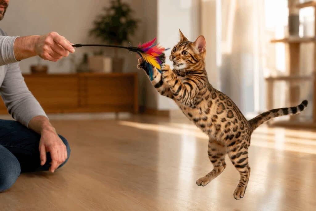 A Bengal cat actively playing with a feather wand toy as its owner redirects biting behavior away from hands, showing the correct response to gentle cat biting.