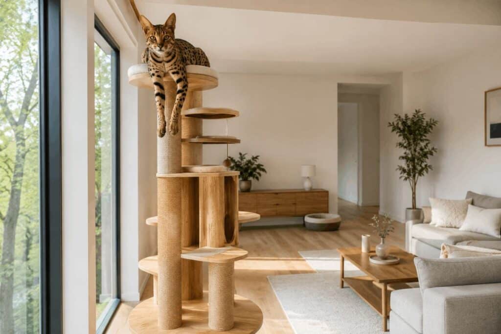 Large Savannah cat perched on tall cat tree indoors showing essential first-year setup supplies for savannah cat owners