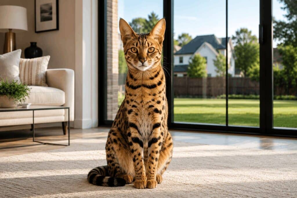 Savannah cat sitting inside a bright American home near glass door — savannah cat legal status by state USA 2026