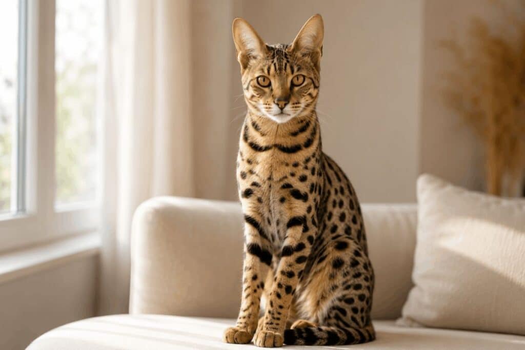Savannah cat sitting on cream sofa showing spotted golden coat and large ears — savannah cat price guide 2026
