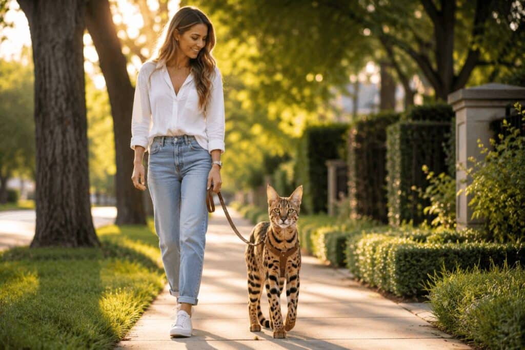 Young woman walking a Savannah cat on leash outdoors in golden hour light — is a savannah cat worth the price for dedicated owners