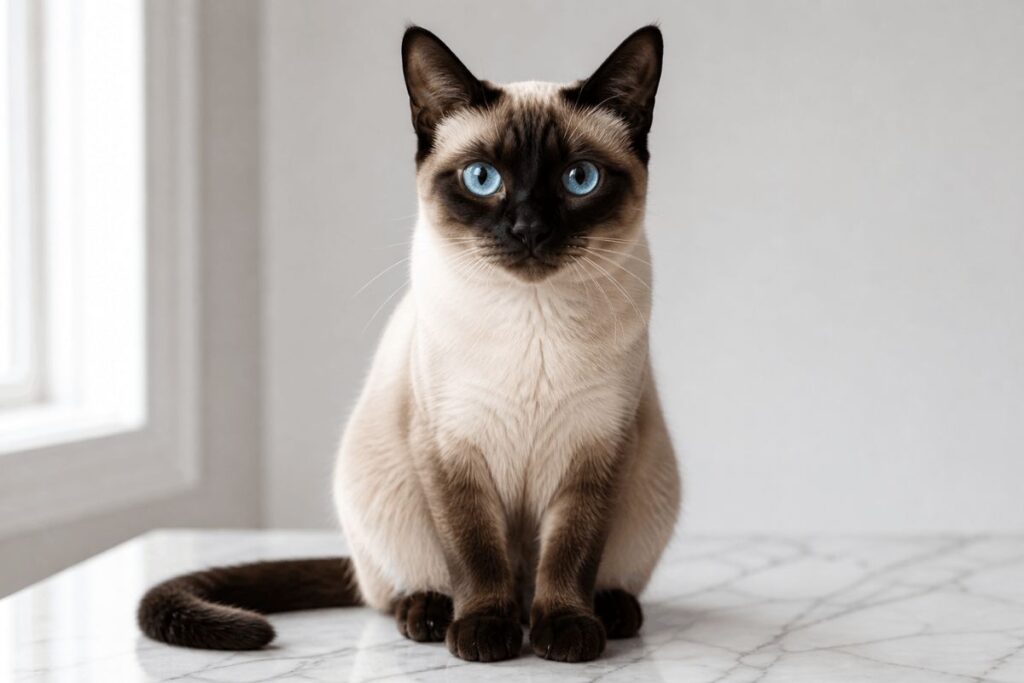 seal point siamese cat with deep blue eyes and dark brown points sitting elegantly on white surface