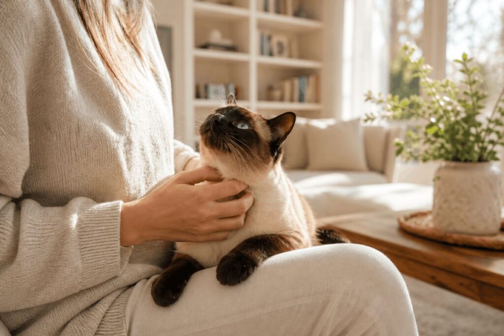 seal point siamese cat sitting on owners lap in cozy 
living room showing affectionate family pet personality