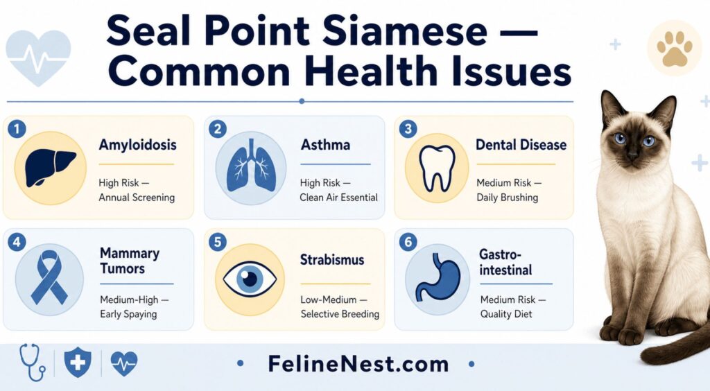 seal point siamese cat common health problems infographic 
showing amyloidosis asthma dental disease and cancer risks