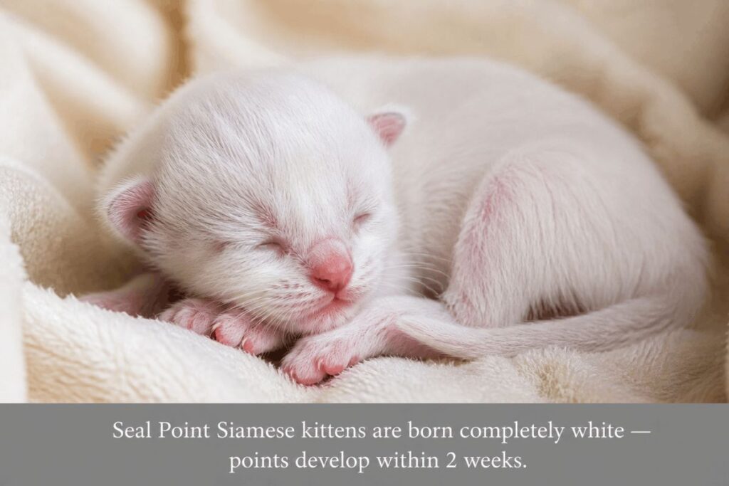 newborn seal point siamese kitten born completely white 
before color points develop sleeping in cream blanket
