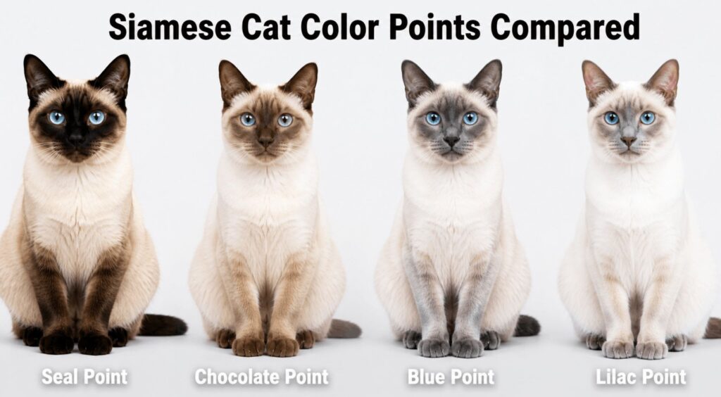 seal point siamese compared to chocolate point blue point 
and lilac point siamese cat color differences side by side