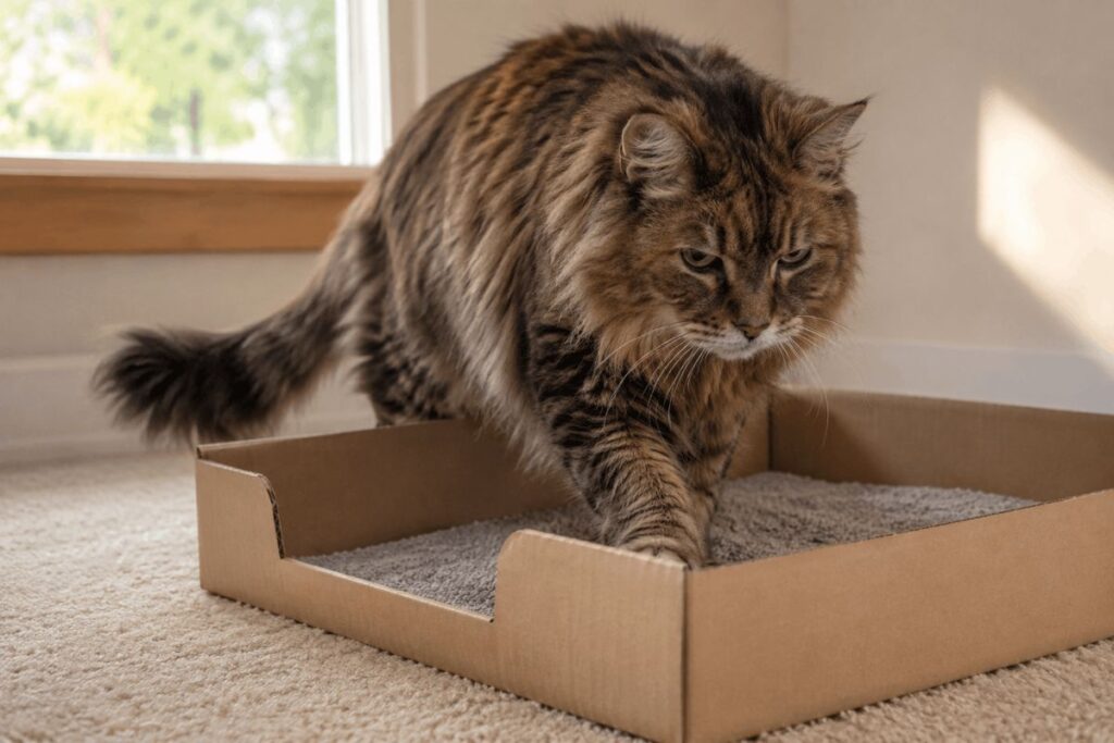 Senior cat using a low-entry disposable litter box for easier access