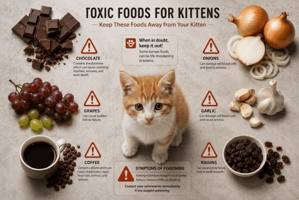 Toxic foods dangerous for kittens including chocolate and onions