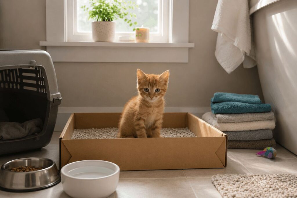 Rescue foster kitten using a disposable cardboard litter box in a temporary bathroom setup