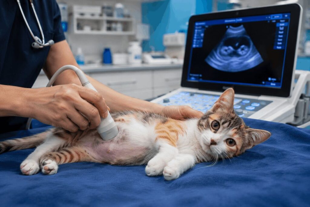 Veterinarian performing ultrasound to confirm kitten pregnancy